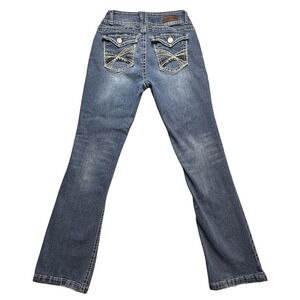 WallFlower Jeans Womens 7 Blue Bootcut Stretch Denim Embellished Flap Pockets